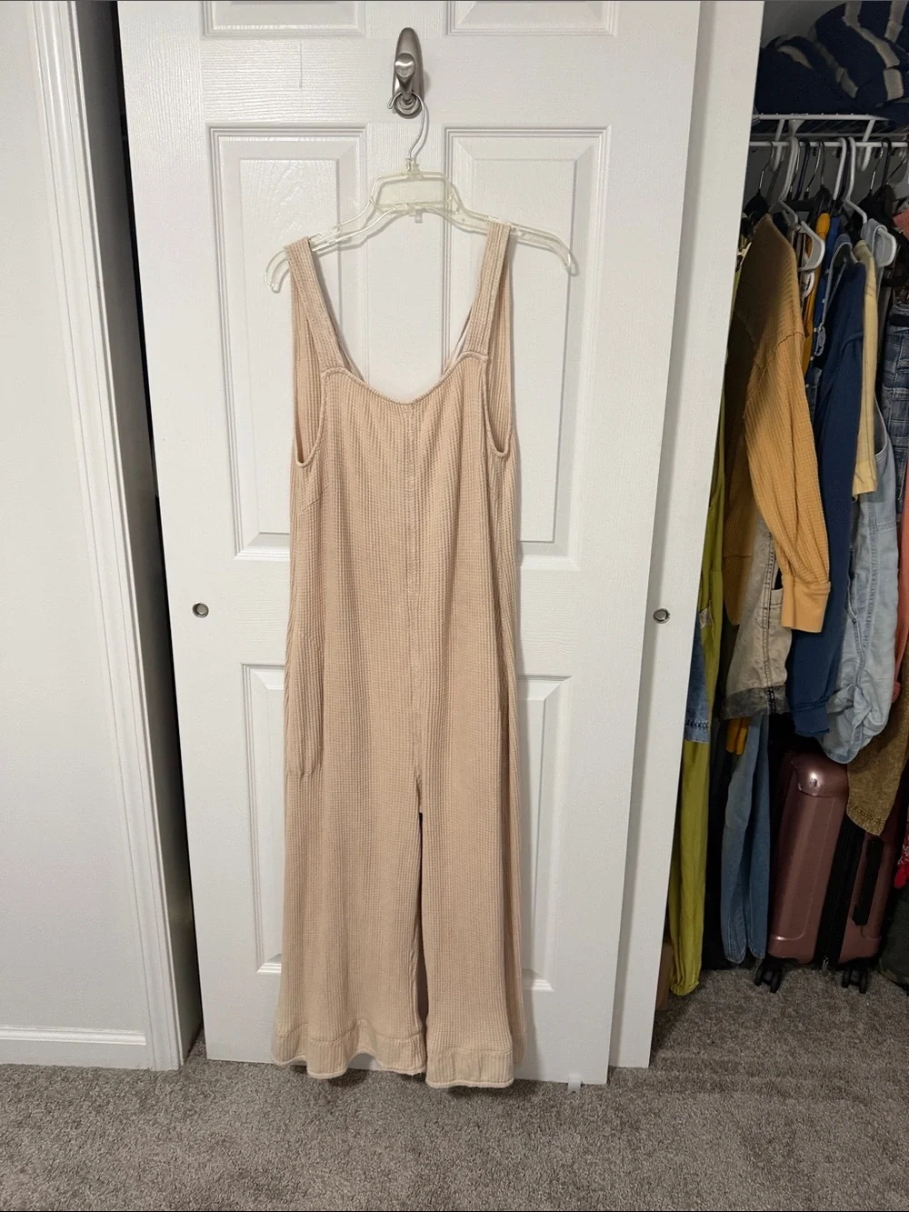 Free People Beige Ribbed Wide-Leg Knit Jumpsuit
